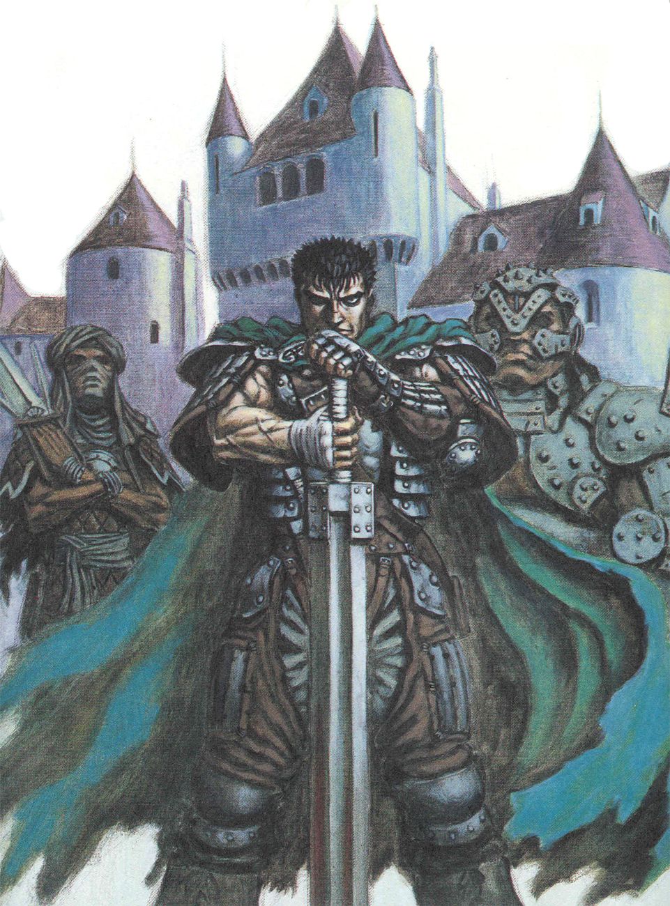 3boys, armor, berserk, black_hair, cape, castle, day, facing_viewer, feet_out_of_frame, guts_(berserk), helmet, highres, holding, holding_sword, holding_weapon, male_focus, miura_kentarou, multiple_boys, official_art, outdoors, planted, planted_sword, scan, silat, standing, sword, turban, weapon