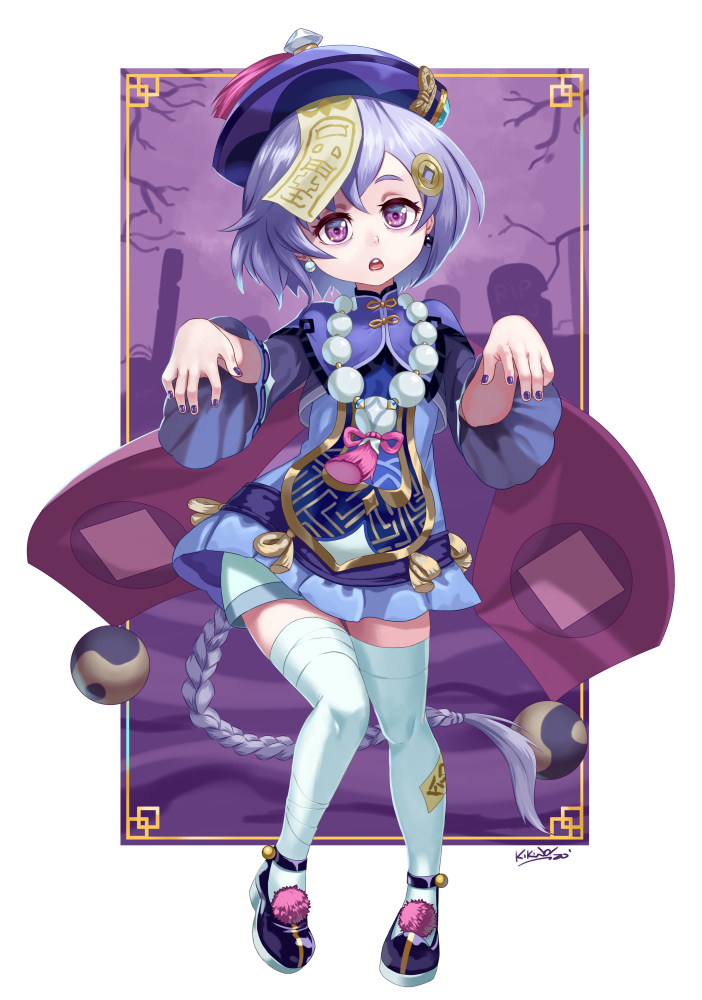 1girl, :o, bandaged_leg, bandages, bangs, bead_necklace, beads, blue_shorts