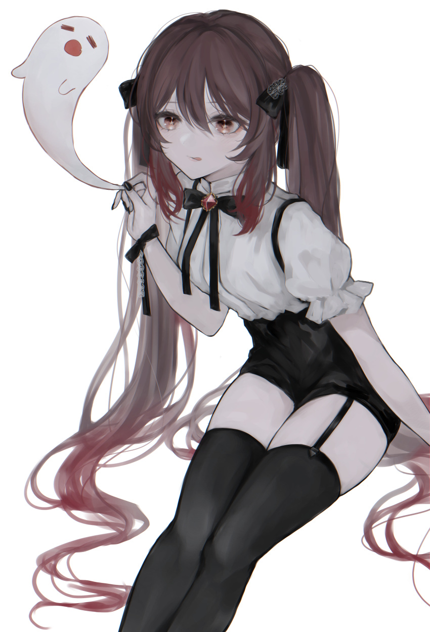 1girl, absurdres, alternate_costume, bangs, black_legwear, black_nails, black_ribbon, black_shorts