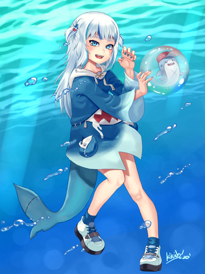 1girl, :d, bangs, bloop_(gawr_gura), blue_eyes, claw_pose, commentary, english_commentary