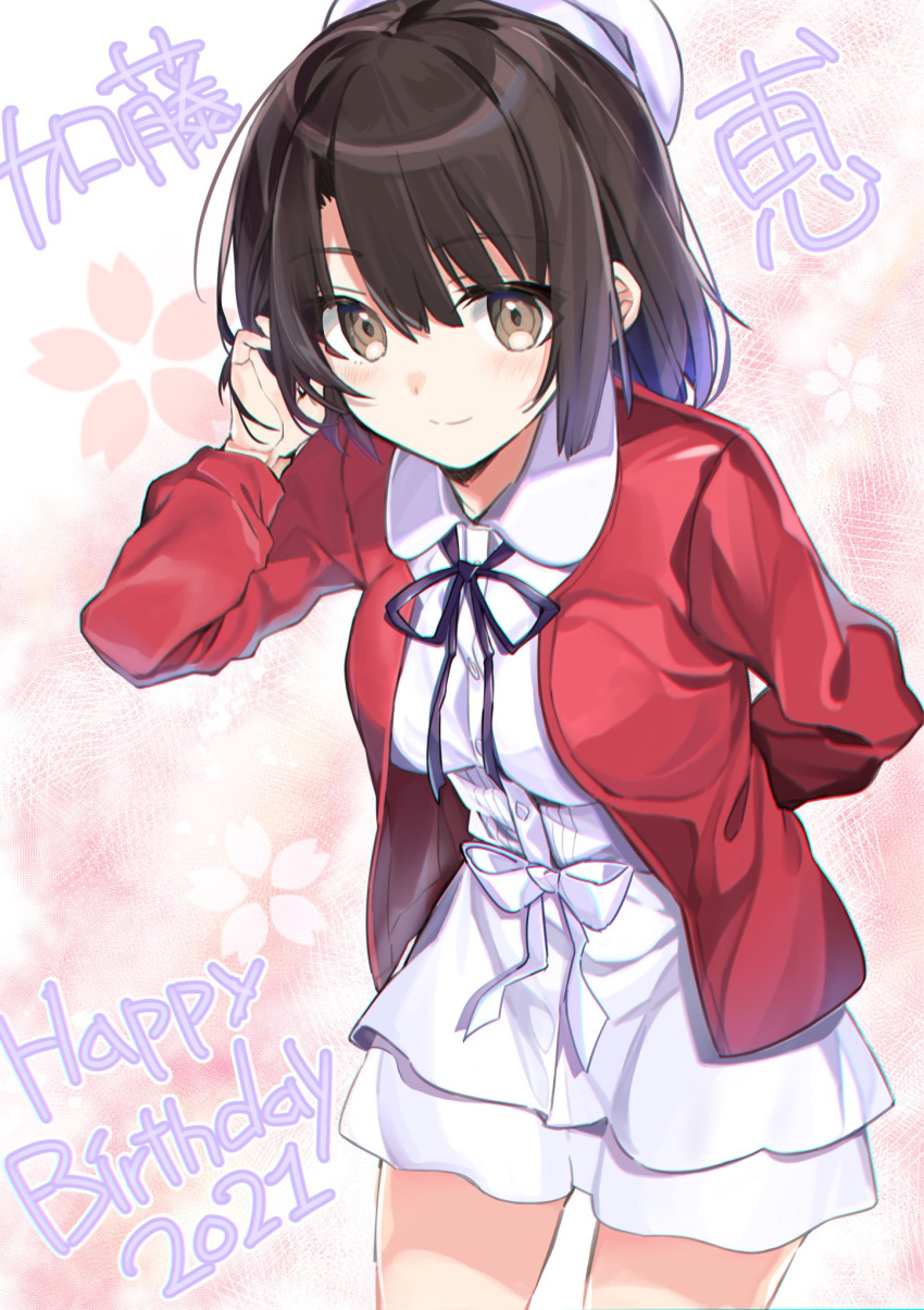 1girl, black_hair, black_neckwear, black_ribbon, brown_hair, closed_mouth, commentary_request, dated