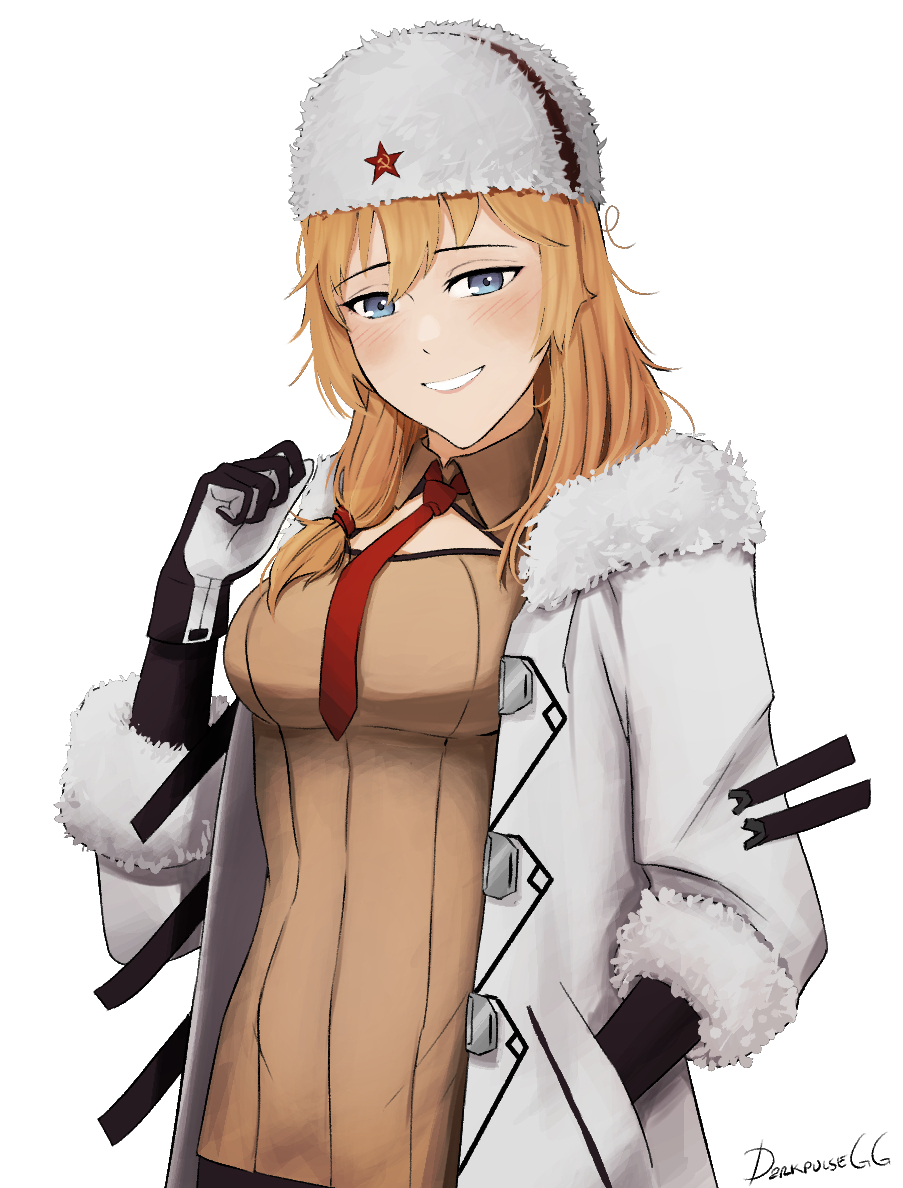 1girl, artist_name, black_gloves, blonde_hair, blue_eyes, blush, breasts, brown_dress