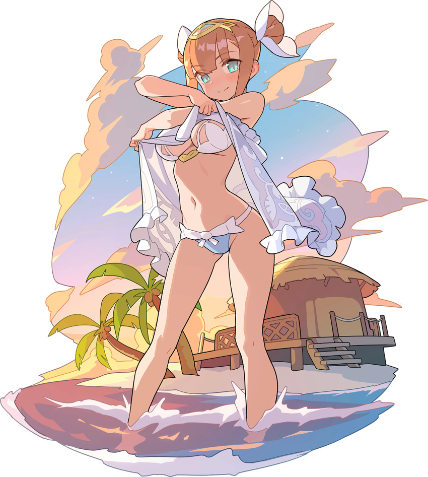 1girl, arms_up, artist_request, babydoll, backlighting, bangs, bare_shoulders, beach, beach_house, bikini, blue_eyes, blue_sky, blunt_bangs, blush, breasts, brown_hair, bun_cover, closed_mouth, clouds, coconut, double_bun, eyebrows_visible_through_hair, fence, full_body, gem, gradient_sky, happy, headpiece, highres, legs_apart, lifted_by_self, lilith_(world_flipper), looking_at_viewer, medium_breasts, navel, non-web_source, ocean, official_alternate_costume, official_art, outdoors, palm_tree, partially_submerged, sand, see-through, shiny, shiny_hair, shiny_skin, short_hair, sidelocks, sky, smile, solo, stairs, star_(sky), stomach, sunset, swimsuit, tied_hair, transparent_background, tree, wading, water, white_bikini, world_flipper