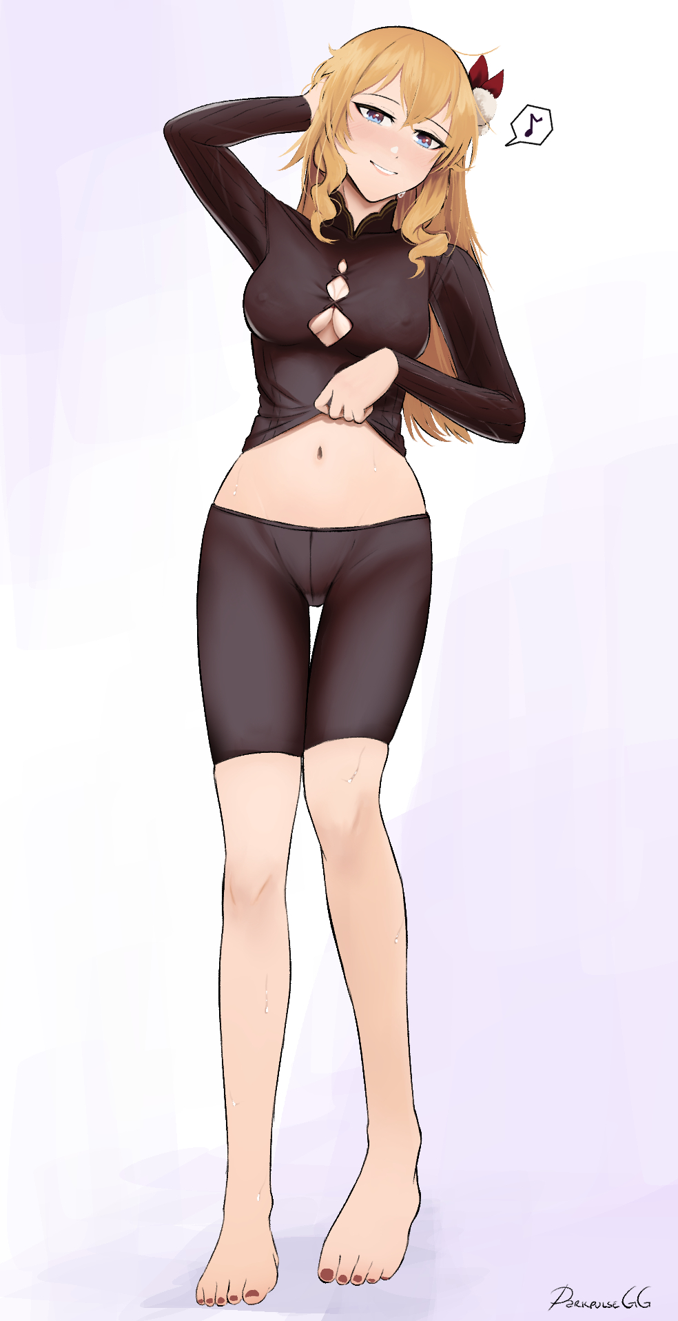 1girl, artist_name, barefoot, black_bodysuit, black_shirt, black_shorts, blonde_hair, blue_eyes