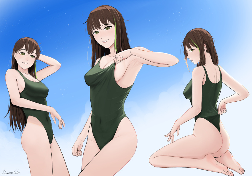 1girl, artist_name, back, bare_legs, barefoot, blue_sky, blush, breasts