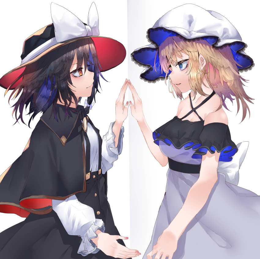 2girls, absurdres, bangs, black_capelet, black_skirt, blonde_hair, blue_eyes, breasts