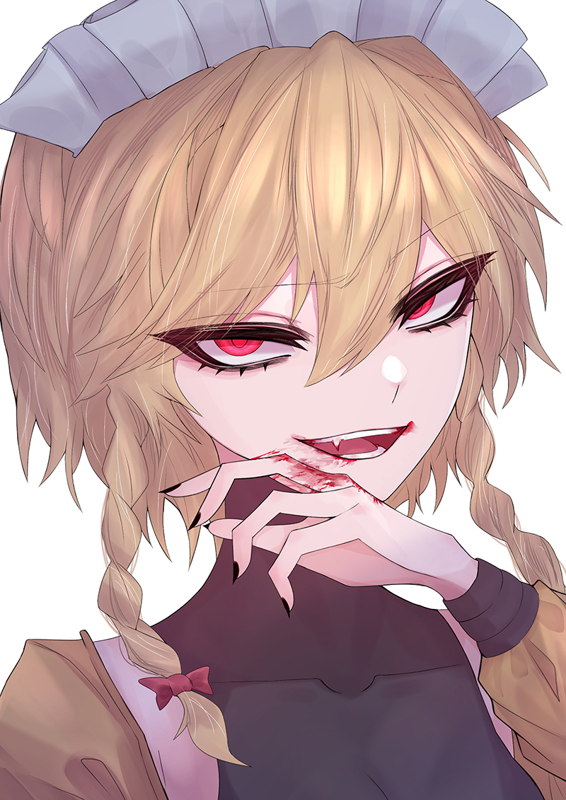 1girl, 33_gaff, alternate_costume, alternate_hair_color, arm_up, bangs, blonde_hair, blood