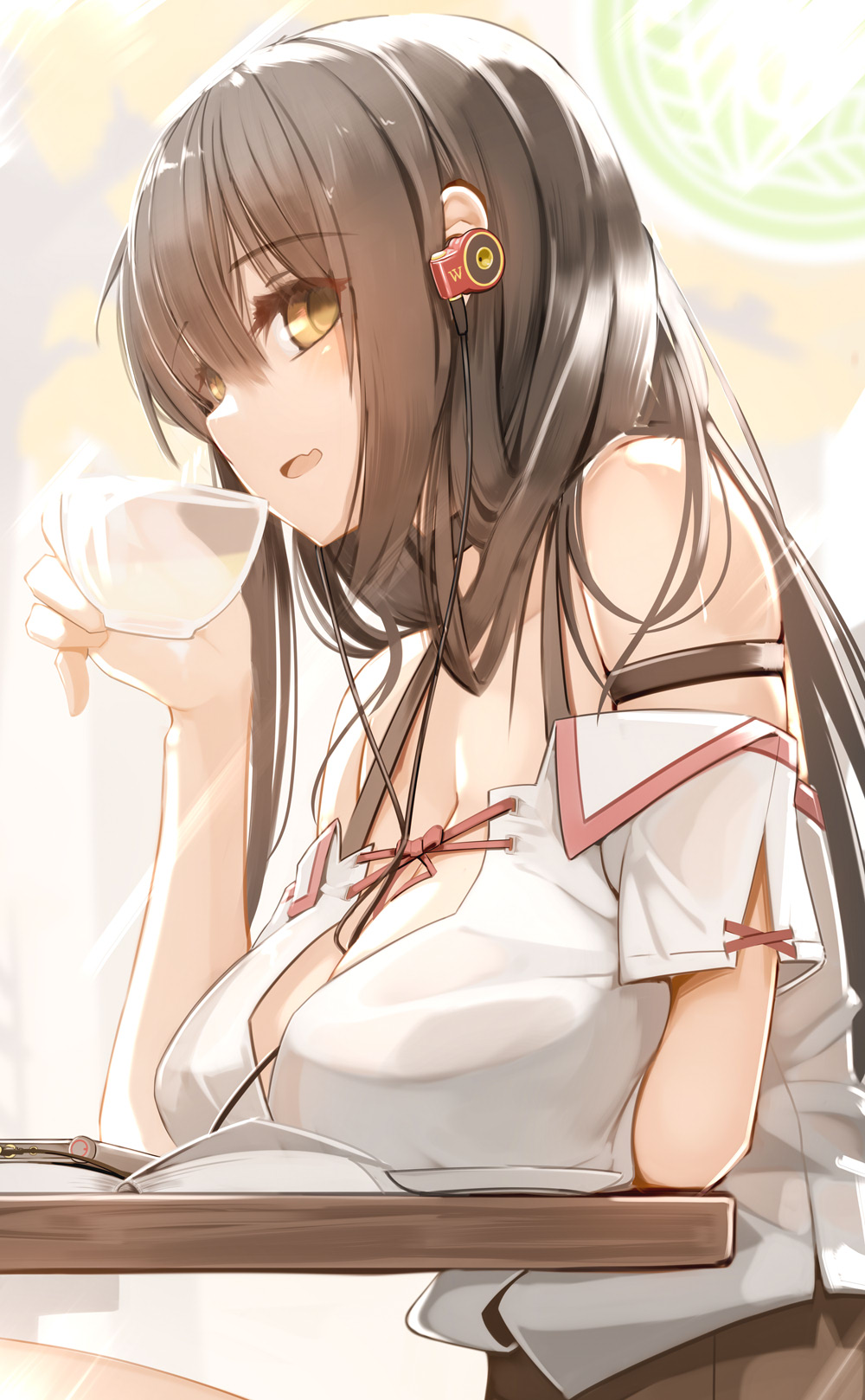 1girl, book, breasts, brown_eyes, brown_hair, cup, earphones, genek