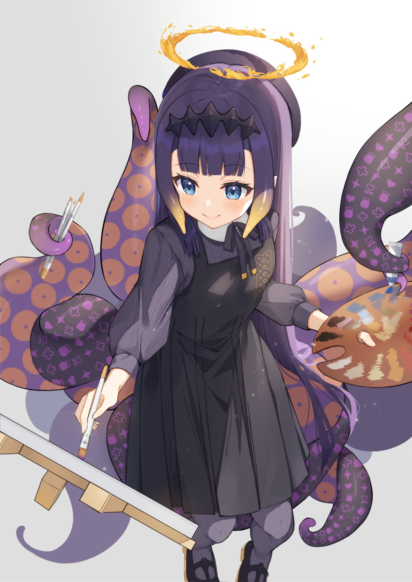 1girl, bangs, black_footwear, blonde_hair, blue_eyes, blunt_bangs, blush, canvas_(object)