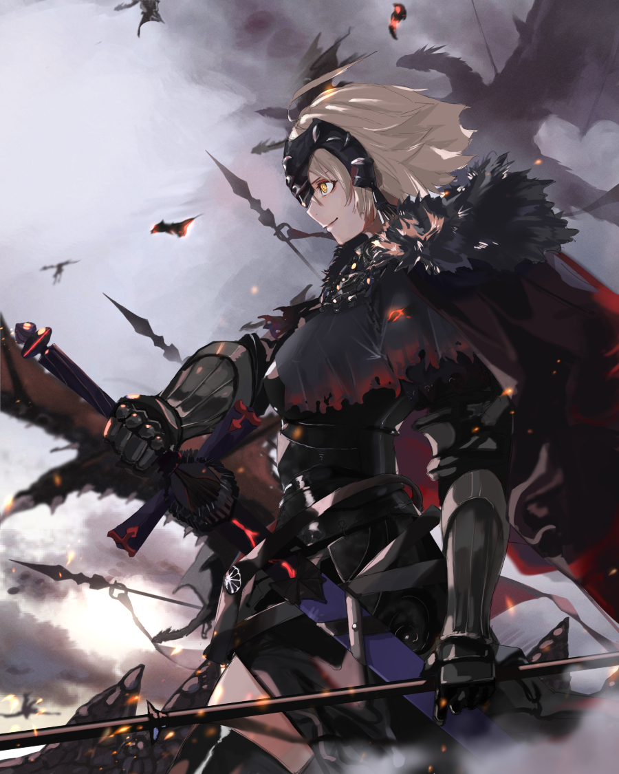 1girl, black_legwear, blonde_hair, cape, closed_mouth, cowboy_shot, dragon, dual_wielding