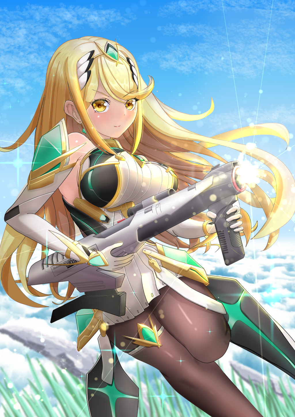 1girl, bangs, bare_shoulders, blonde_hair, breasts, chest_jewel, dress, earrings