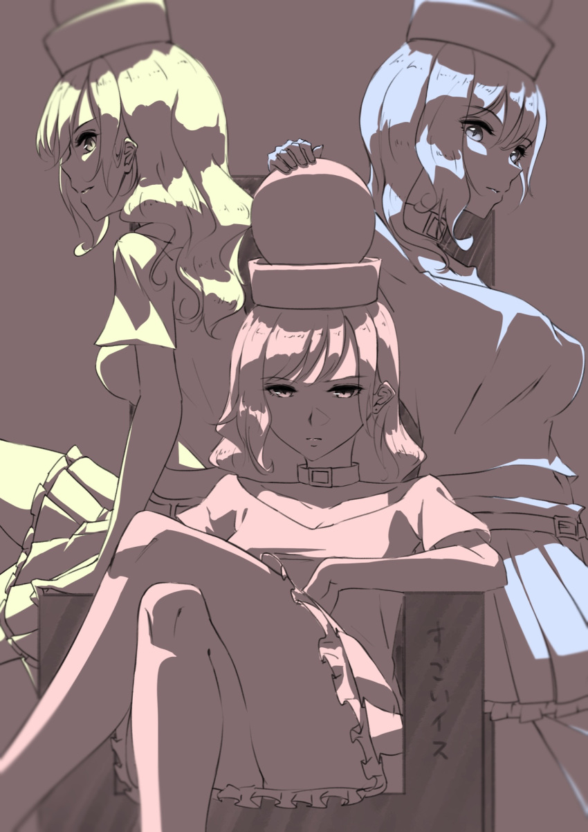 3girls, :|, bangs, blonde_hair, blue_eyes, blue_hair, breasts, brown_background
