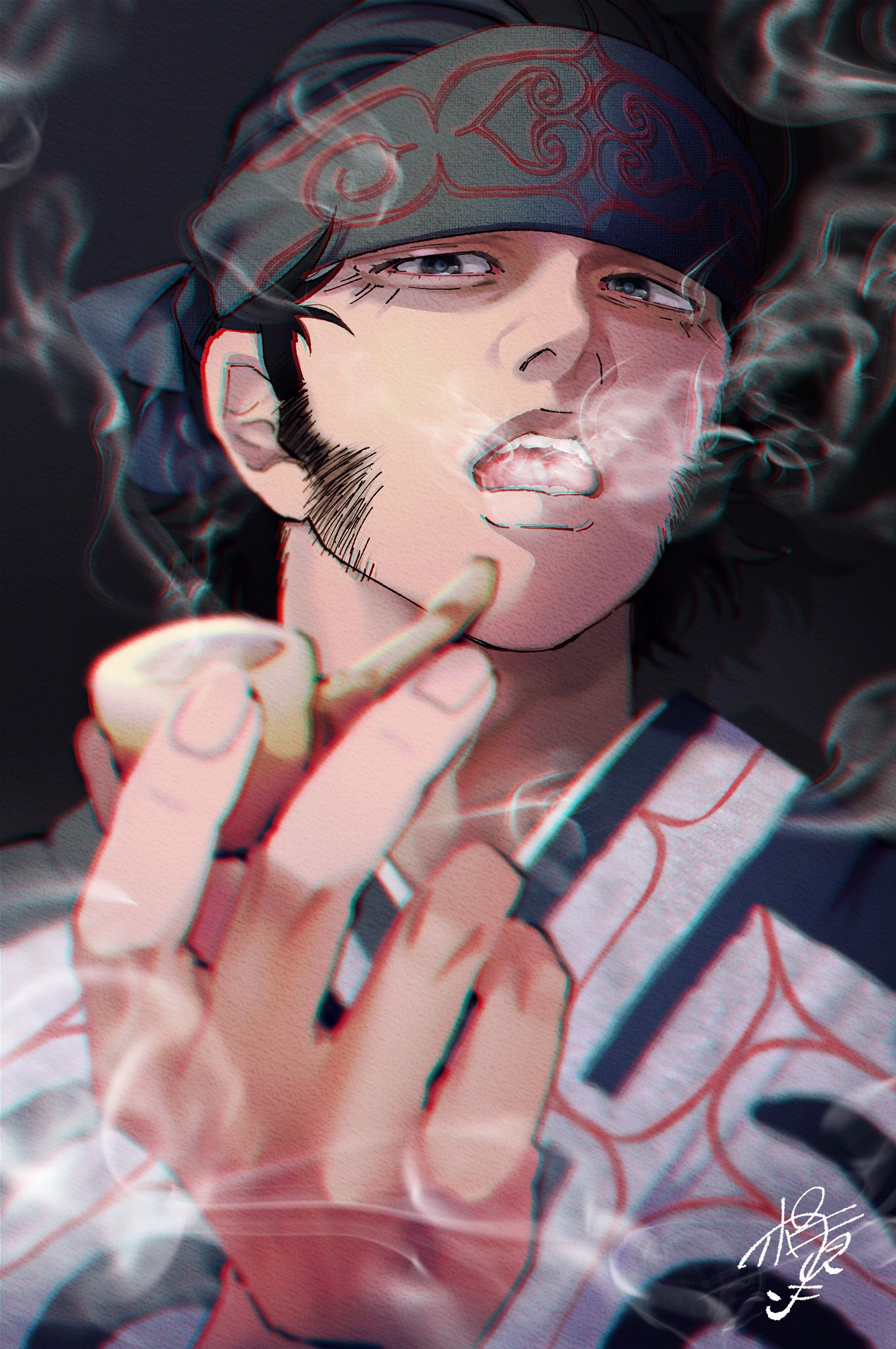 1boy, ainu, ainu_clothes, black_eyes, black_hair, foreshortening, golden_kamuy, half-closed_eyes, headband, highres, holding, holding_pipe, japanese_clothes, kimono, kirawus_(golden_kamuy), long_sideburns, long_sleeves, looking_at_viewer, male_focus, pipe, pochomkin_(pcmkn1), print_kimono, short_hair, sideburns, simple_background, smoking, solo, upper_body