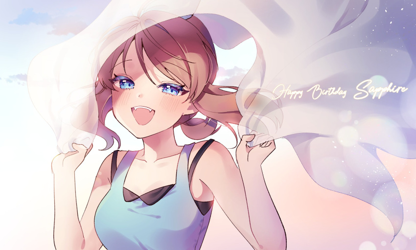 1girl, :d, bangs, bare_arms, blue_eyes, blue_shirt, blush, breasts