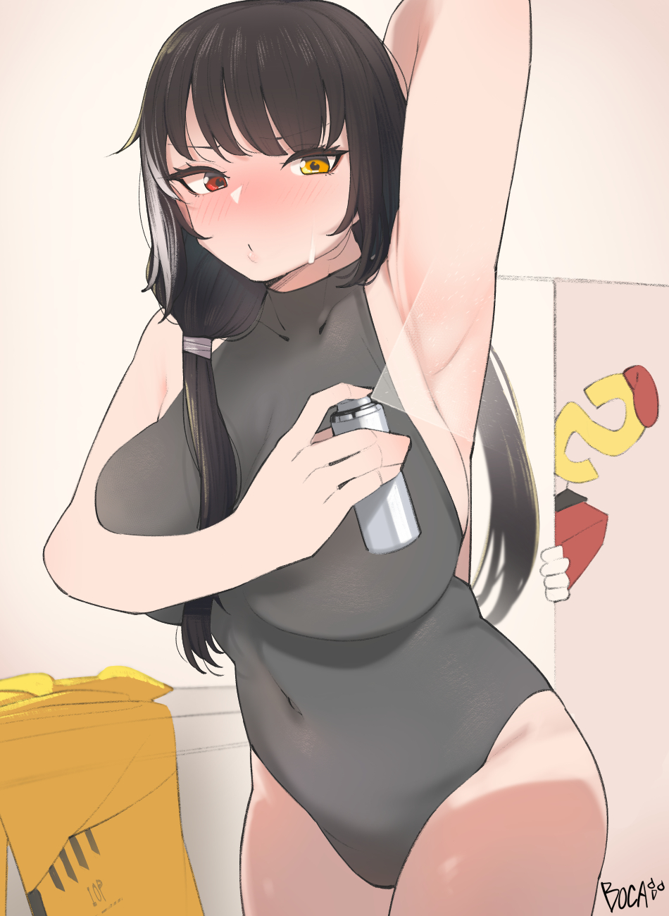 1girl, 1other, arm_behind_head, arm_up, armpits, bangs, beret, black_hair