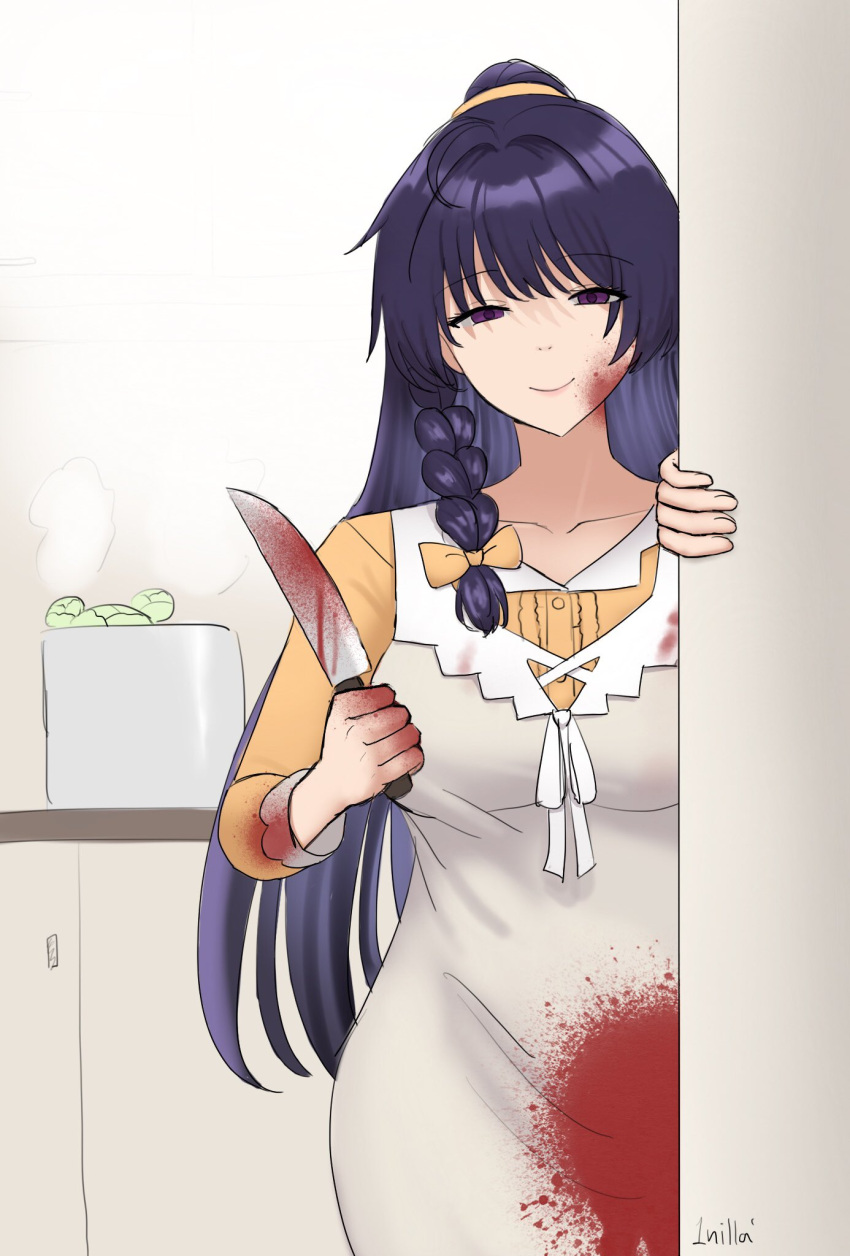 1girl, 1nilla', apron, bangs, blood, blood_on_clothes, blood_on_face, blood_on_hands