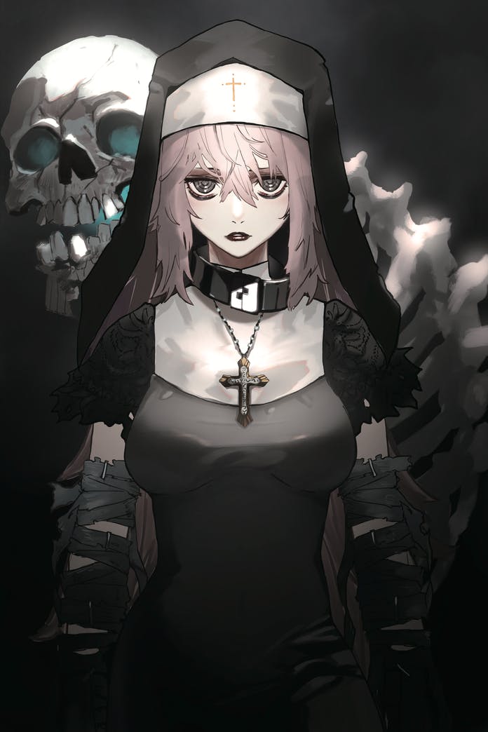 1girl, bandaged_arm, bandages, black_dress, breasts, brown_lips, cross, cross_necklace, dress, eyeshadow, grey_eyes, habit, hair_between_eyes, jewelry, kdm_(ke_dama), large_breasts, latin_cross, lipstick, long_hair, looking_at_viewer, makeup, necklace, nun, original, parted_lips, pink_hair, sanpaku, skeleton, skull, solo, upper_body, veil
