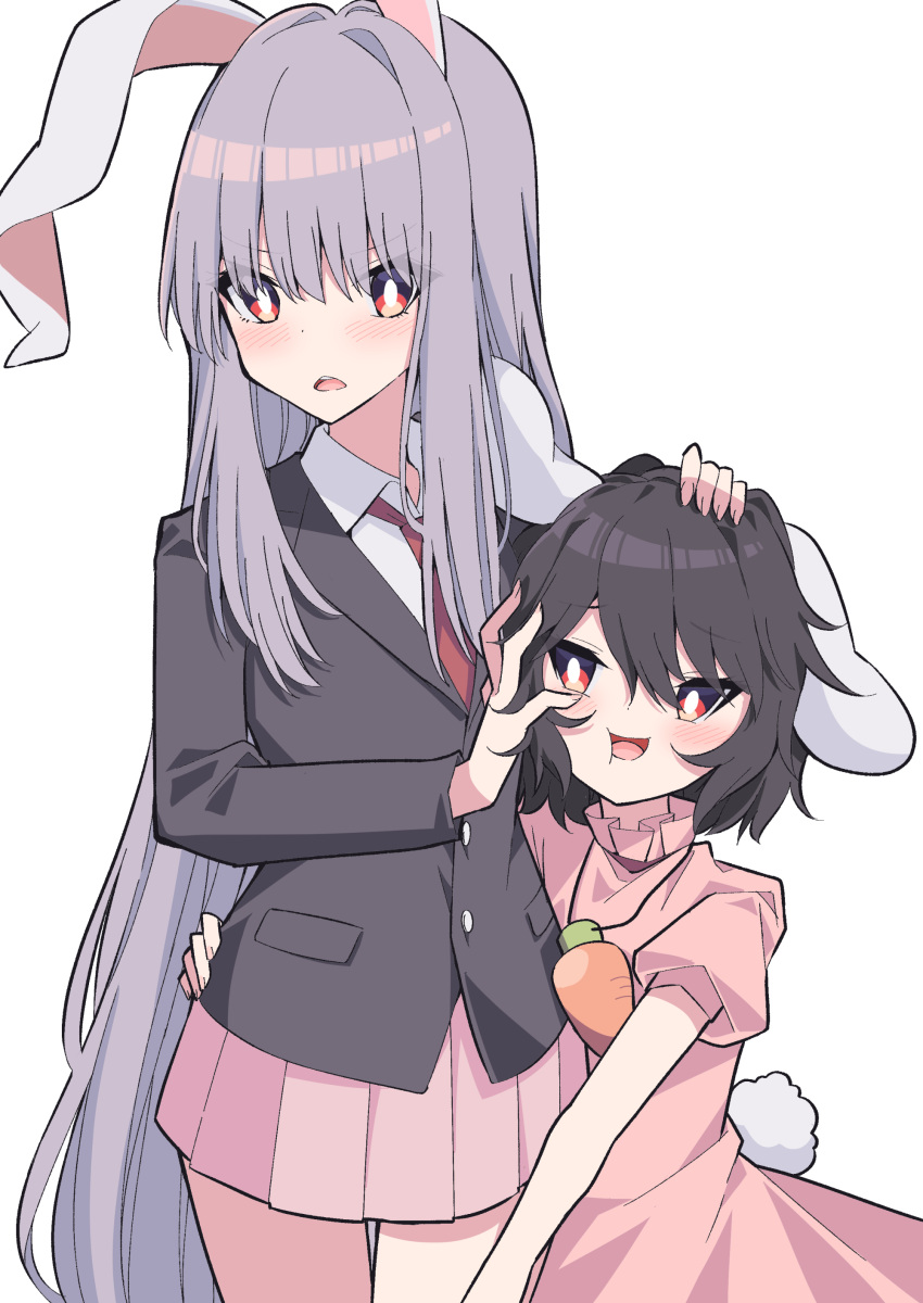 2girls, absurdres, animal_ears, arms_up, bangs, belt, black_hair, blazer