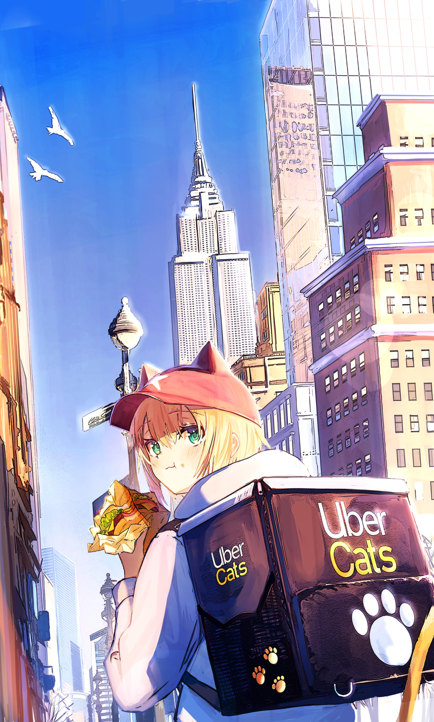 1girl, absurdres, animal_ears, aqua_eyes, baseball_cap, blonde_hair, burger, cat_ears