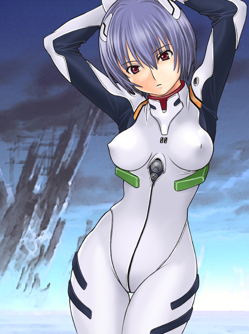 armpits, arms_behind_head, arms_up, ayanami_rei, blue_background, blue_hair, bodysuit, covered_nipples