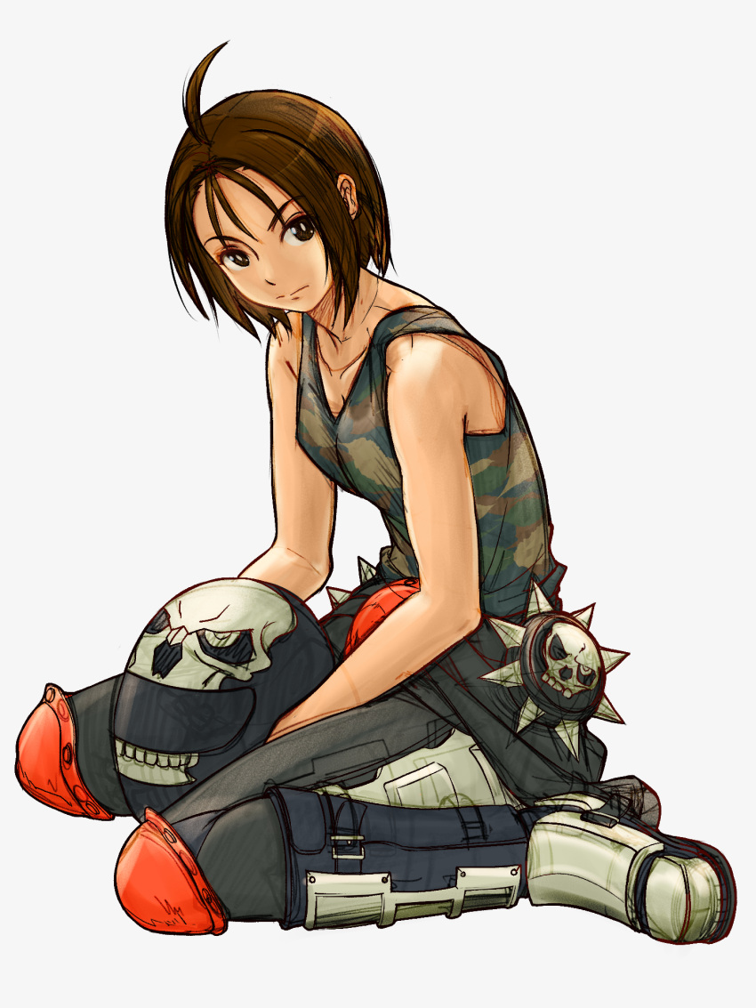 1girl, ahoge, armored_boots, boots, breasts, brown_hair, camouflage_tank_top, clothes_around_waist