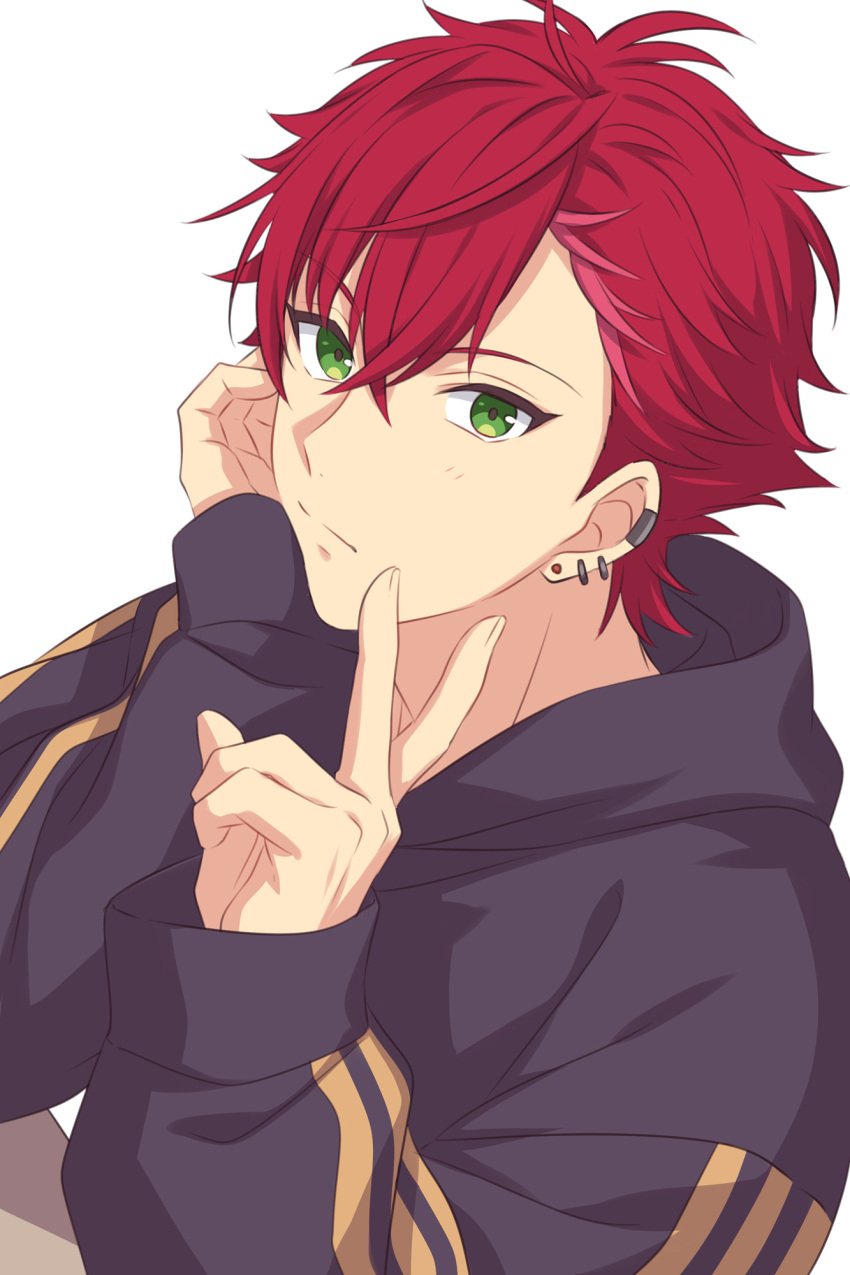 1boy, arm_support, bangs, black_hoodie, closed_mouth, ear_piercing, earrings, green_eyes, hand_on_own_cheek, hand_on_own_face, hand_up, head_rest, helios_rising_heroes, highres, hood, hood_down, hoodie, jewelry, looking_at_viewer, male_focus, multiple_earrings, otori_akira, piercing, redhead, sekina, short_hair, solo, upper_body, v, white_background