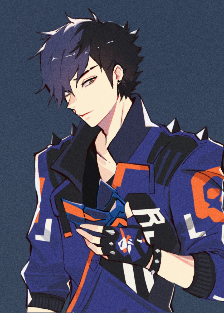 1boy, alternate_hairstyle, black_hair, blue_background, blue_gloves, blue_jacket, brown_eyes, collarbone