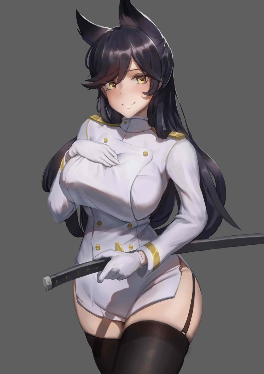 1girl, absurdres, atago_(azur_lane), azur_lane, black_hair, black_legwear, breasts, buttons, double-breasted, garter_straps, grey_background, highres, holding, holding_sword, holding_weapon, large_breasts, long_hair, looking_at_viewer, miniskirt, sheath, sheathed, simple_background, skindentation, skirt, solo, sword, taichi_suzuki, taut_clothes, taut_jacket, thigh-highs, weapon, white_skirt, yellow_eyes