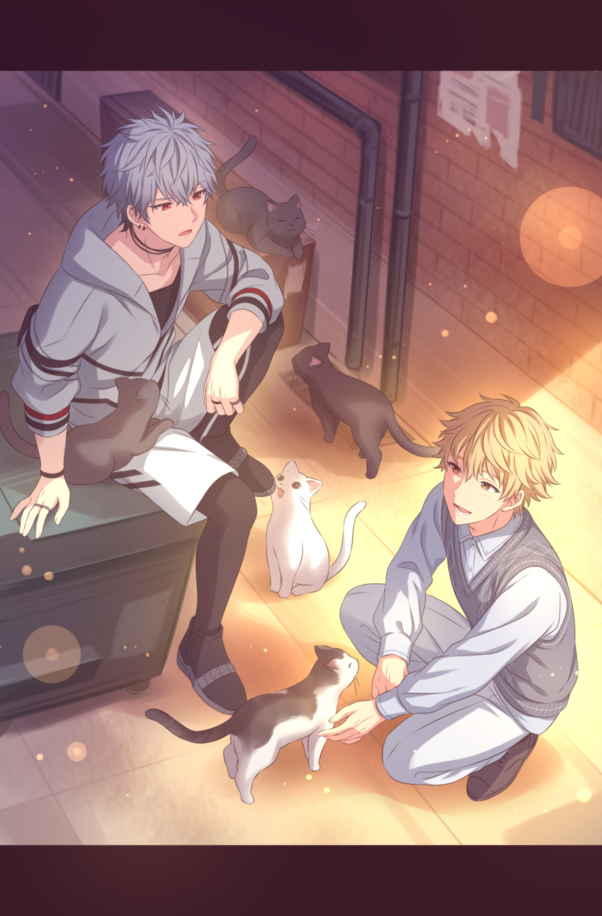 2boys, absurdres, animal, black_choker, black_footwear, black_legwear, black_shirt, blonde_hair