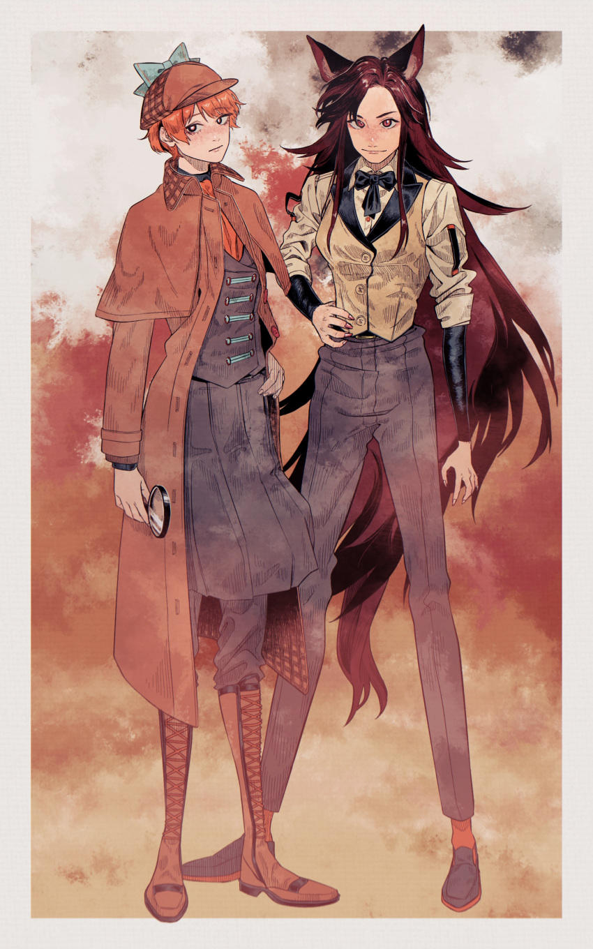 2girls, :|, absurdres, alternate_costume, animal_ears, bangs, beige_vest, black_neckwear, black_pants, black_ribbon, blue_bow, boots, bow, breasts, brown_capelet, brown_coat, capelet, closed_mouth, coat, collared_shirt, commentary_request, cross-laced_footwear, eyebrows_visible_through_hair, formal, freckles, hair_between_eyes, hand_on_hip, hat, hat_bow, heshiko_disco, highres, imaizumi_kagerou, knee_boots, long_hair, long_legs, long_sleeves, looking_at_viewer, magnifying_glass, multiple_girls, pants, red_eyes, red_neckwear, ribbon, sekibanki, shirt, short_hair, sleeves_rolled_up, slit_pupils, touhou, white_shirt, wolf_ears, wrist_cuffs