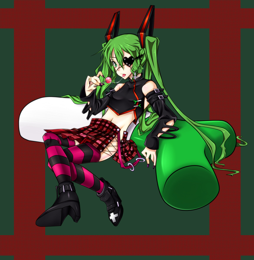:p, anais_(gothicdoll), candy, cross, crossed_legs, detached_sleeves, eyepatch, green_eyes