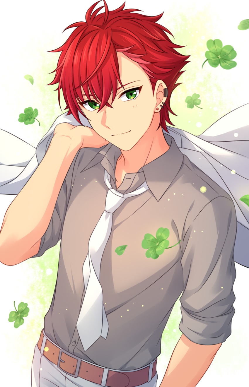 1boy, bangs, belt, brown_belt, closed_mouth, clover, ear_piercing, earrings