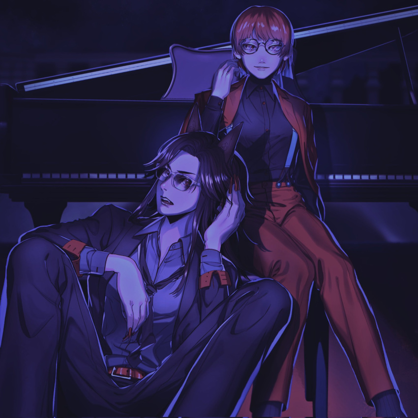 2girls, alternate_costume, animal_ears, arm_up, bangs, belt, black_neckwear, black_shirt