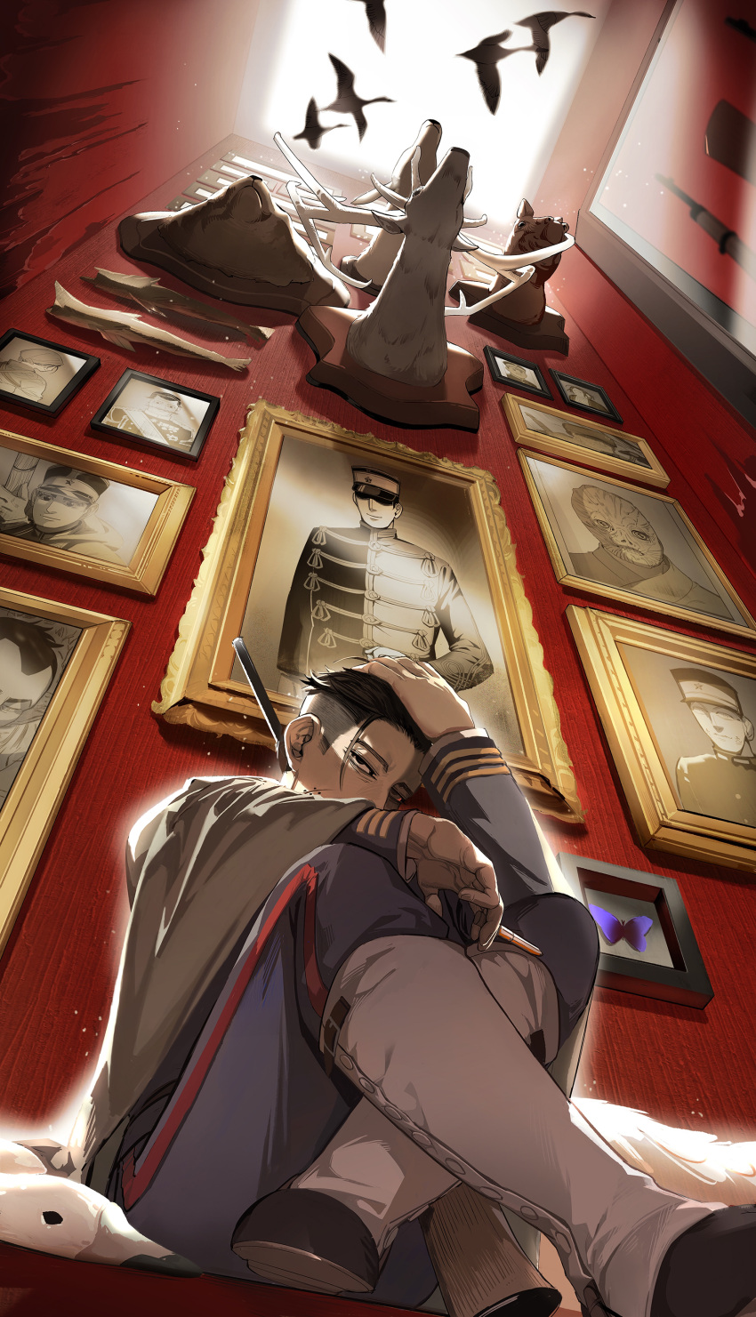 1boy, absurdres, arisaka, bird, black_eyes, black_hair, blue_jacket, blue_pants