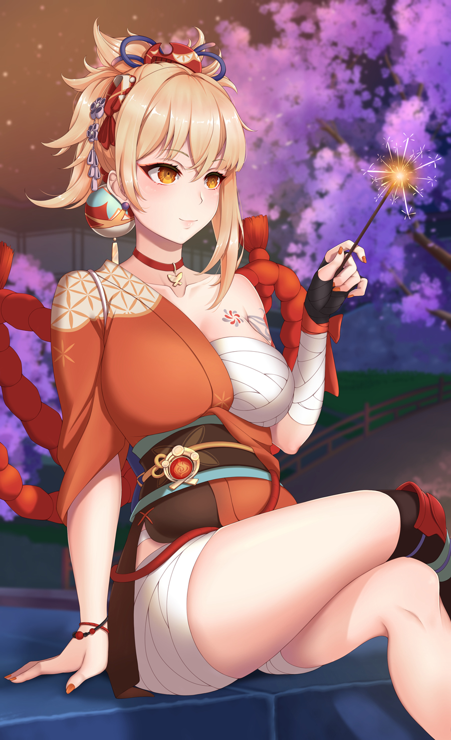 1girl, arm_tattoo, bangs, blonde_hair, bracelet, breasts, choker, crossed_legs