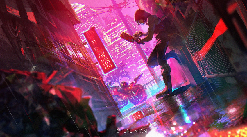 1boy, alley, aqua_hair, biker_(hotline_miami), blood, boots, city, city_lights
