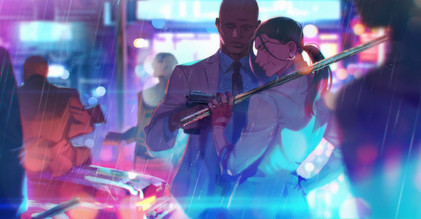 5boys, bald, blood, blood_on_clothes, blood_on_weapon, character_request, earrings, formal