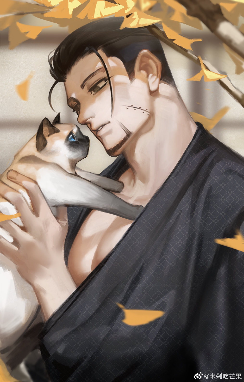 1boy, alternate_costume, animal, black_eyes, black_hair, black_kimono, casual, cat