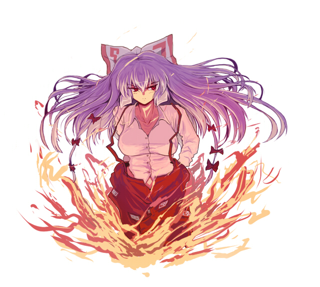 breasts, fire, frown, fujiwara_no_mokou, hair_ribbon, hands_in_pockets, kurobuta_(meregear), large_breasts