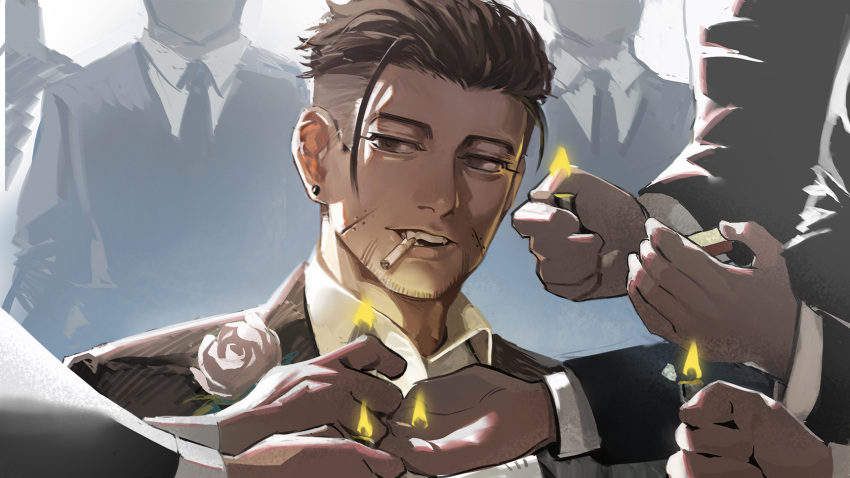 6+boys, alternate_costume, black_eyes, black_hair, black_suit, cigarette, crowd, earrings