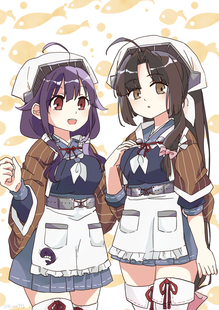 2girls, absurdres, ahoge, apron, bandana, black_hair, blue_serafuku, blue_skirt, brown_eyes, brown_shawl, chougei_(kancolle), chougei_(kancolle)_(cosplay), commentary_request, cosplay, cowboy_shot, hair_flaps, hair_ornament, hairclip, headgear, highres, jingei_(kancolle), jingei_(kancolle)_(cosplay), kantai_collection, long_hair, looking_at_viewer, low_twintails, multiple_girls, nami_nami_(belphegor-5812), neckerchief, pleated_skirt, ponytail, purple_hair, red_eyes, sailor_collar, school_uniform, serafuku, shawl, shouhou_(kancolle), skirt, standing, taigei_(kancolle), thigh-highs, twintails, waist_apron, white_apron, white_neckwear