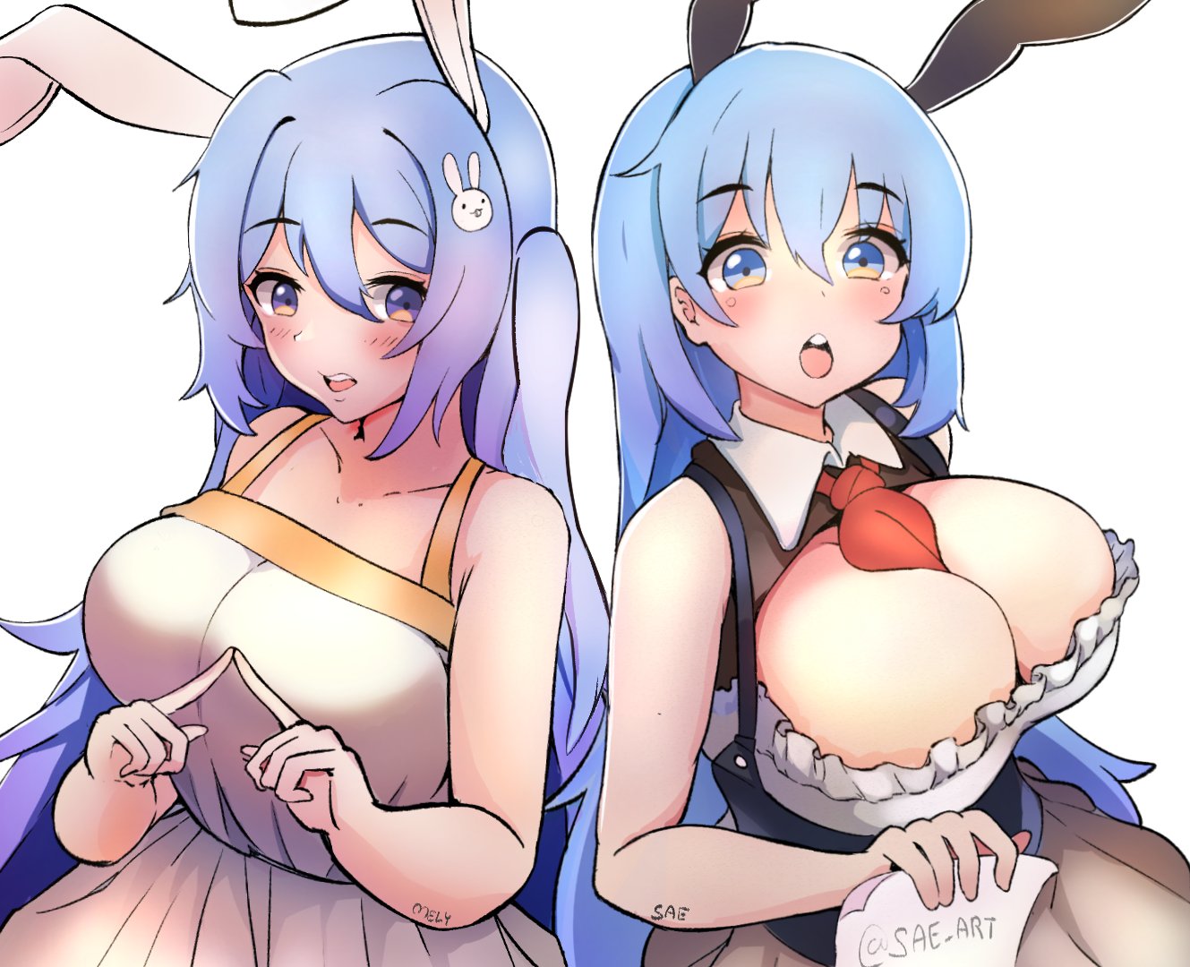 2girls, animal_ears, artist_name, between_breasts, black_shirt, blue_eyes, blue_hair, blush, breasts, bunny_hair_ornament, cleavage_cutout, clothing_cutout, collarbone, collared_shirt, dress, eyebrows_visible_through_hair, grey_skirt, hair_ornament, holding, holding_paper, index_fingers_together, indie_virtual_youtuber, large_breasts, long_hair, looking_to_the_side, mely_(vtuber), multiple_girls, necktie, necktie_between_breasts, open_mouth, original, paper, rabbit_ears, rabbit_girl, red_neckwear, sae_art, shirt, side_ponytail, skirt, suspenders, symbol-only_commentary, twitter_username, violet_eyes, virtual_youtuber, white_background, white_dress