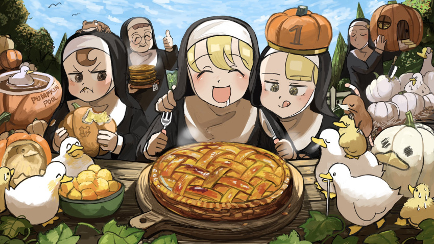 5girls, :d, ^_^, animal_on_head, animal_tower, bird, blonde_hair, bowl, brown_eyes, brown_hair, catholic, chicken, clear_sky, closed_eyes, commentary, crown, diva_(hyxpk), drooling, duck, duckling, earthworm, eating, english_commentary, food, fork, frog, glasses, goose, habit, half-bang_nun_(diva), hand_on_another's_shoulder, happy, haystack, highres, holding, holding_fork, holding_knife, hook-bang_nun_(diva), knife, leaf, little_nuns_(diva), mole_(animal), multiple_girls, nun, old, old_woman, on_head, open_mouth, outdoors, pancake, pancake_nun_(diva), pie, plant, protagonist_nun_(diva), pumpkin, pumpkin_pie, saliva, scared, sky, smile, smoke, star_(symbol), star_nun_(diva), sweat, sweating_profusely, thumbs_up, vines, wading, water, wooden_tray, worms, yellow_eyes