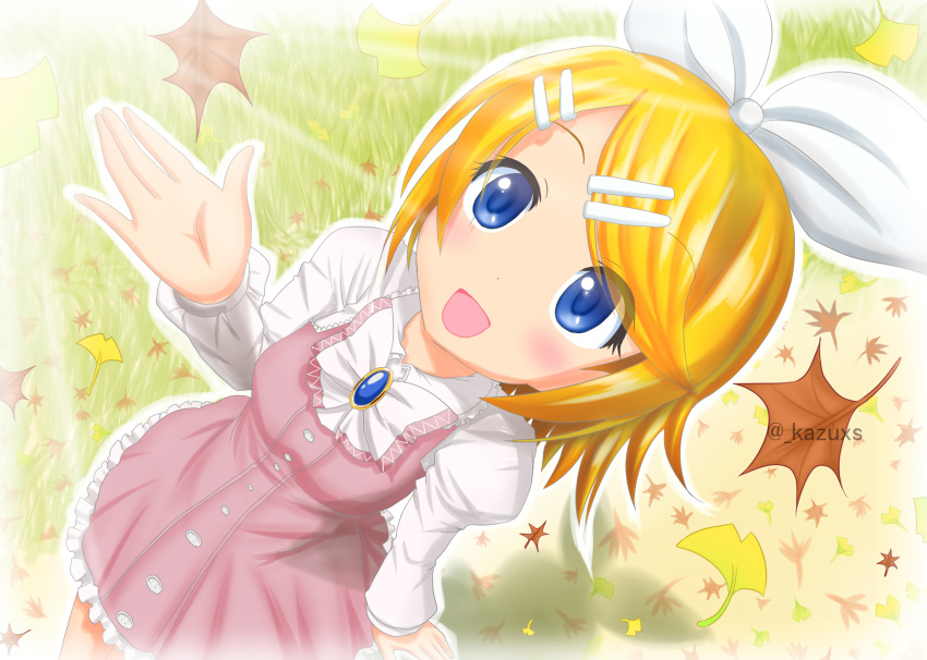 1girl, autumn, autumn_leaves, bangs, blonde_hair, blue_eyes, blush, bow