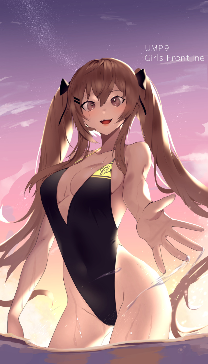 1girl, black_swimsuit, breasts, brown_eyes, brown_hair, casual_one-piece_swimsuit, character_name, commentary_request