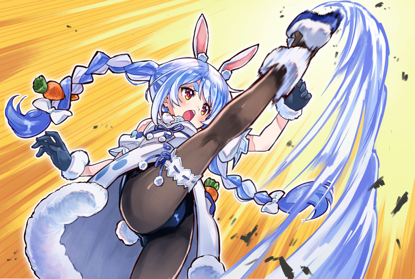 1girl, animal_ear_fluff, animal_ears, axe_kick, bare_shoulders, black_gloves, black_legwear, black_leotard
