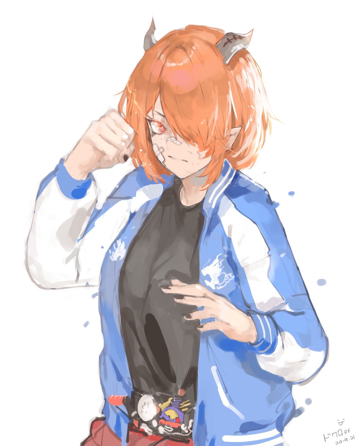 1girl, bandage_on_face, bandages, bandaid, bandaid_on_nose, banjou_ryuuga, banjou_ryuuga_(cosplay), black_nails