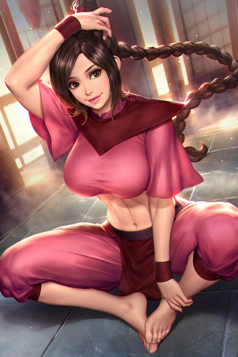 1girl, arm_up, avatar:_the_last_airbender, avatar_legends, barefoot, braid, braided_ponytail, breasts