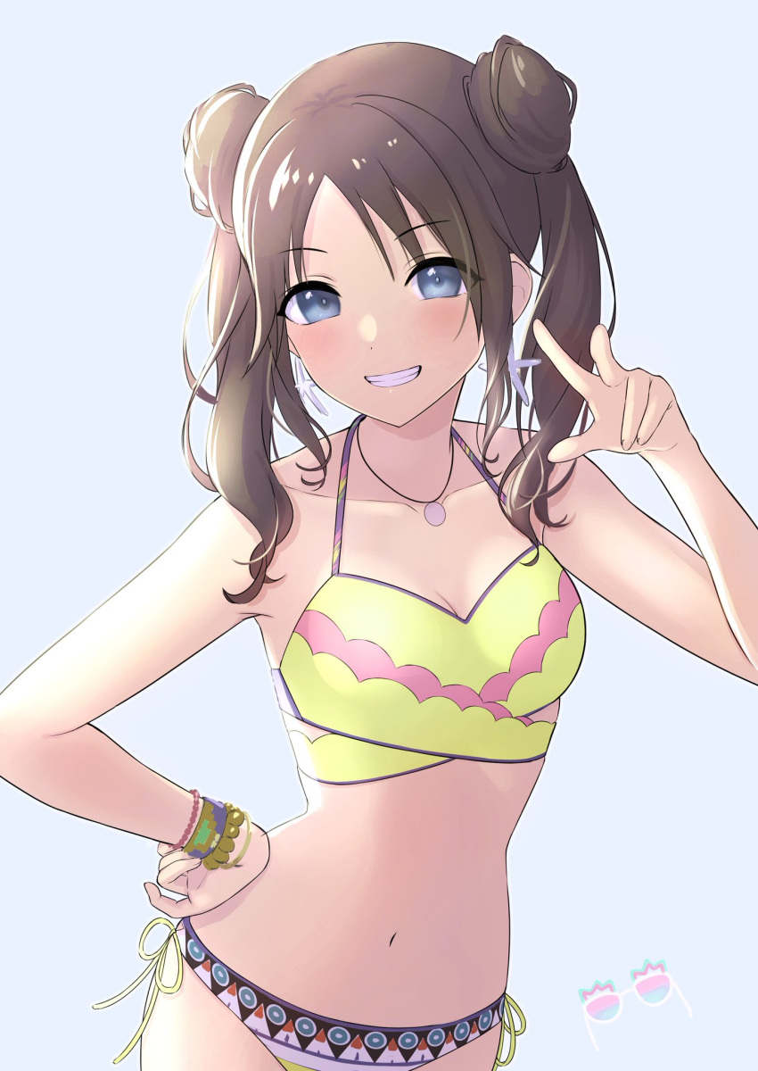 1girl, bikini, blue_eyes, breasts, brown_hair, double_bun, highres, hoshina_hoshimi