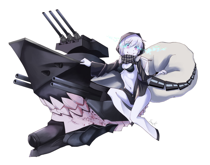 1girl, absurdres, abyssal_ship, bikini, black_bikini, black_jacket, breasts, cannon, emi_r_(ox3870), glowing, glowing_eyes, highres, hood, hooded_jacket, hoodie, jacket, kantai_collection, long_sleeves, navel, o-ring, o-ring_bikini, o-ring_top, pale_skin, re-class_battleship, small_breasts, solo, swimsuit, tail, turret, violet_eyes, white_hair
